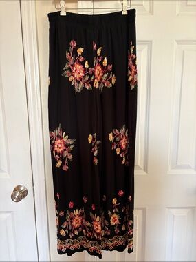 Black Embroidered Floral Wide-Leg Trousers.